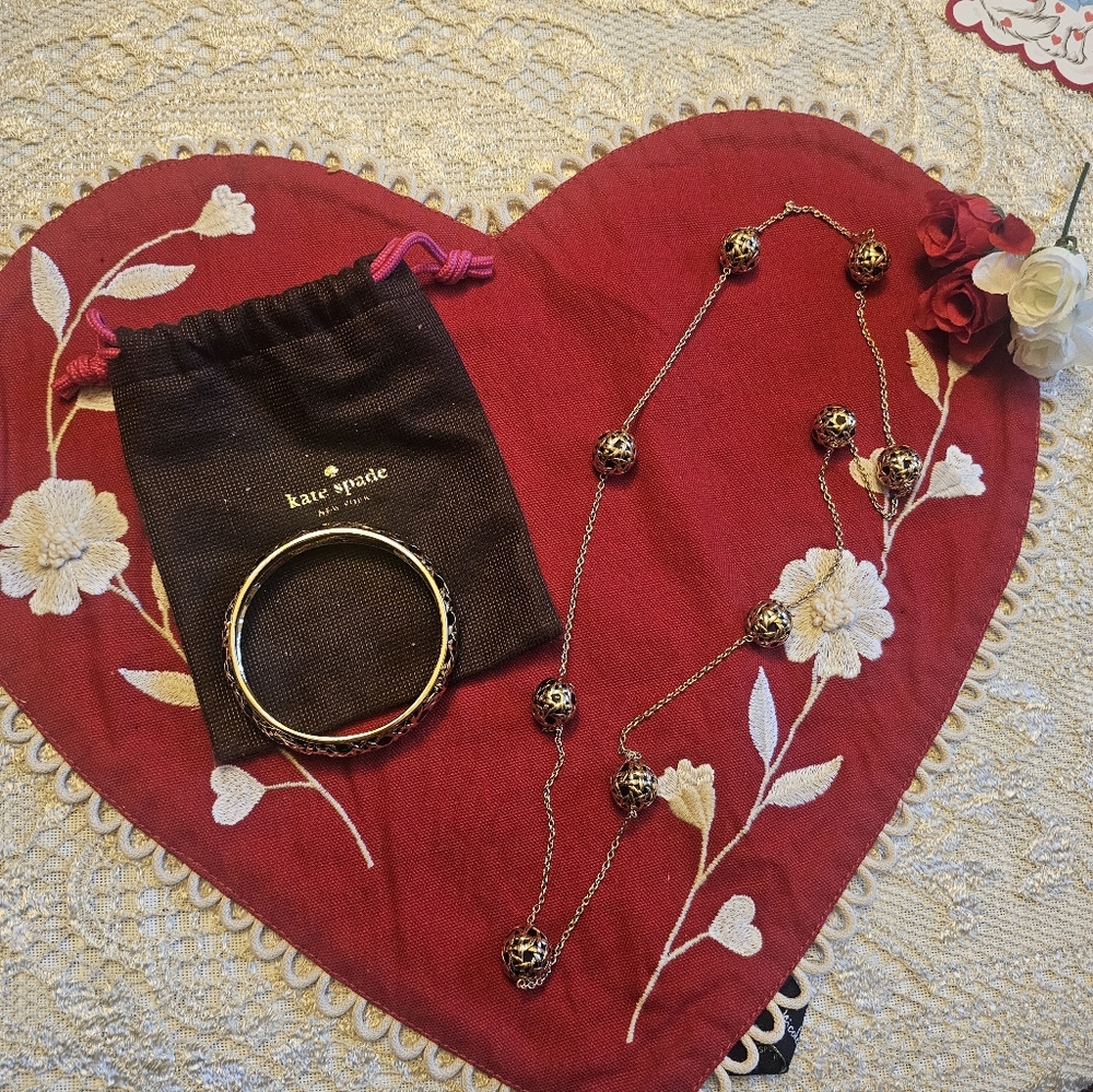 Rare Kate Spade "Keswick Canning" Gold/Black Bracelet AND Necklace Set With Dust